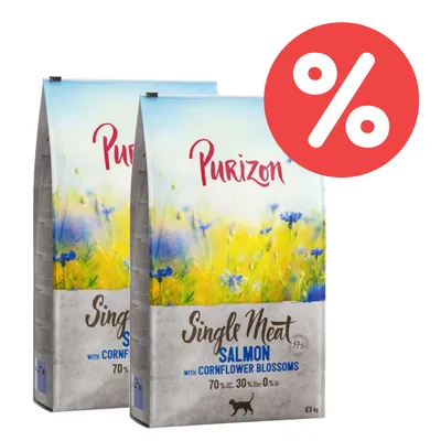 Purizon Single Meat Salmon mit Kornblumen, 70% Fleisch, 30% Gemüse, 0% Getreide. Trockenfutter für Katzen, 6,5 kg Packung. Prozent-Symbol für Rabattaktion sichtbar. Purizon Single Meat Salmon mit Kornblumen, 70% Fleisch, 30% Gemüse, 0% Getreide. Trockenfutter für Katzen, 6,5 kg Packung. Prozent-Symbol für Rabattaktion sichtbar.