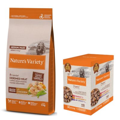 Nature's Variety 12 kg pienso + 4 x 150 / 300 g comida húmeda ¡gratis! Healthy Grains Adult Medium/Maxi Pollo 12 kg + No Grain Paté Med/Maxi 4 x 300g