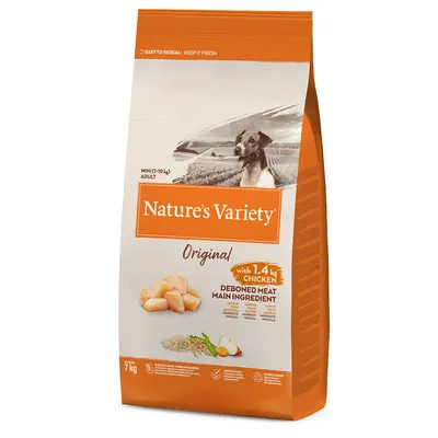 Nature's Variety Original droogvoer voor honden, Mini Adult, met 1,4 kg kip als hoofdingrediënt, 7 kg verpakking. Bevat ontbeend vlees, groenten en granen.