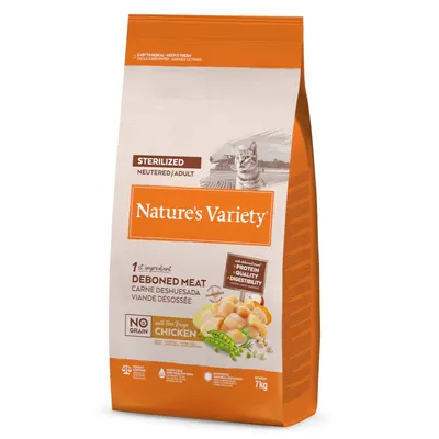 Sac de croquettes Nature’s Variety pour chat stérilisé adulte, 7 kg, viande désossée en ingrédient principal, sans céréales, poulet élevé en liberté, mentions : qualité des protéines, digestibilité.