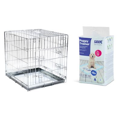 Cage en métal pour chien et paquet de Puppy Trainer, avec pastille rouge indiquant 'Prix mini'.