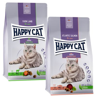 Mixpaket Happy Cat Senior 2 x 4 kg Atlantik-Lachs & Weide-Lamm