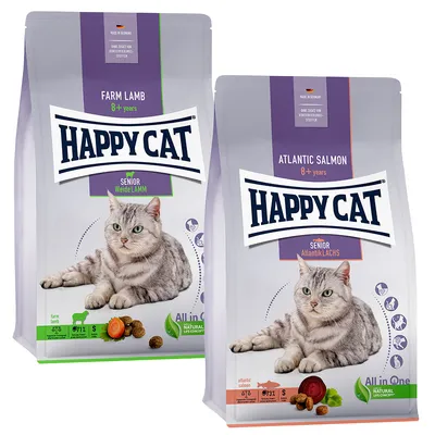 Mixpaket Happy Cat Senior 2 x 4 kg - Atlantik-Lachs & Weide-Lamm Mixpaket Happy Cat Senior 2 x 4 kg - Atlantik-Lachs & Weide-Lamm