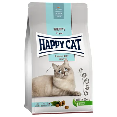 Happy Cat Sensitive 1+ years Schon kost NIERE kidney -kuivaruokapakkaus, kuvassa vaalea kissa, All in One ja Natural Life Concept -merkinnät näkyvissä