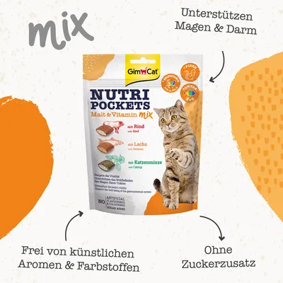 GimCat Nutri Pockets Malt & Vitamin mix, avec bœuf, saumon et cataire. Sans arômes ni colorants artificiels, sans sucre ajouté. Texte en allemand sur l’emballage.