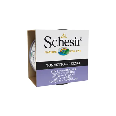 Schesir Nature for Cat. Tonnetto con Cernia. Thunfisch mit Zackenbarsch. Mehrsprachige Produktbeschreibung auf Verpackung.