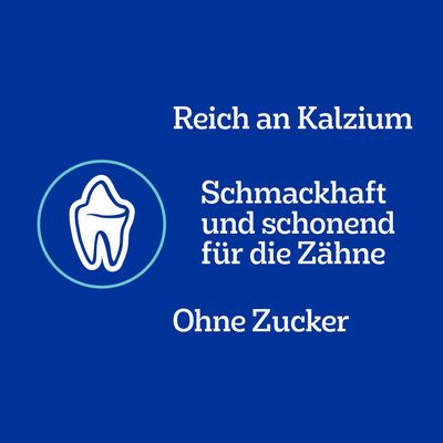 Reich an Kalzium, schmackhaft und schonend für die Zähne, ohne Zucker.