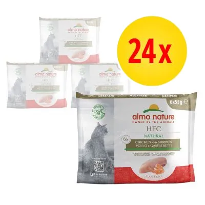 almo nature HFC Natural Chicken and Shrimps, 24x55 g, för vuxen katt. Förpackning med bild på katt och text: 100 % naturliga ingredienser.
