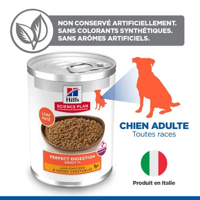 Hill's Science Plan Perfect Digestion Adulte 1+ au poulet et légumes, sans conservateurs, colorants ou arômes artificiels. Pour chiens adultes de toutes races. Fabriqué en Italie.