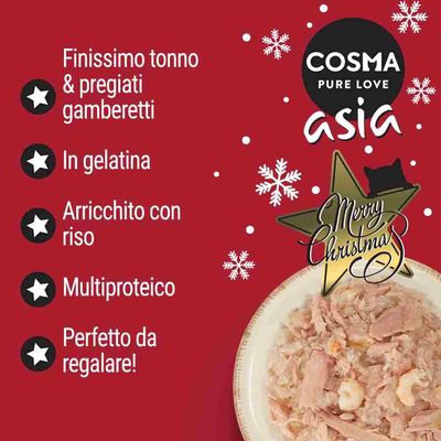 COSMA PURE LOVE asia. Finissimo tonno & pregiati gamberetti, in gelatina, arricchito con riso, multiproteico, perfetto da regalare! Merry Christmas.