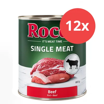 Rocco Single Meat vacuno, lata de 800g, pack de 12. Trozo de carne visible y símbolo de vaca sobre fondo verde. Rocco Single Meat vacuno, lata de 800g, pack de 12. Trozo de carne visible y símbolo de vaca sobre fondo verde.