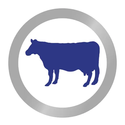 Sagoma blu di una mucca all'interno di un cerchio grigio.