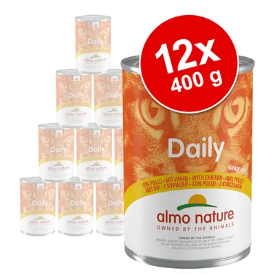 Sada 12 konzerv Almo Nature Daily 400 g, s kuřecím masem. Text: grain free, con pollo, owned by the animals.