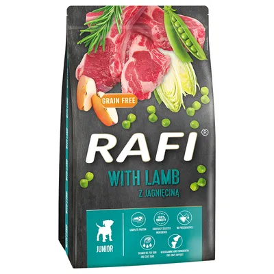 Pakiet mieszany Rafi Junior, 10 kg + 24 x 400 g - Zestaw I: 10 kg z jagnięciną + 24 x 400 g Pastete, z jagnięciną, żurawiną i jagodami