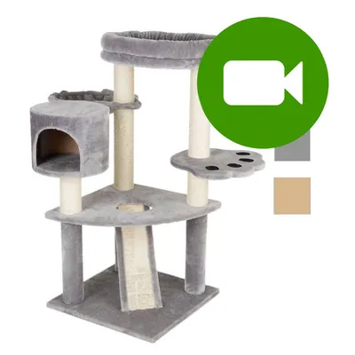 Przycisk odtwarzania wideo produktu. Kliknij tutaj, aby obejrzeć film prezentujący drapak dla kota z legowiskiem i słupkami sizalowymi w kolorze szarym i beżowym. Przycisk odtwarzania wideo produktu. Kliknij tutaj, aby obejrzeć film prezentujący drapak dla kota z legowiskiem i słupkami sizalowymi w kolorze szarym i beżowym.