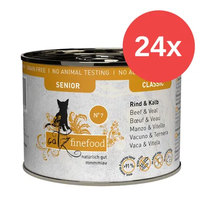 Catz Finefood Senior Classic Nr. 7, bœuf et veau, 24x boîtes, sans céréales, sans tests sur animaux, plus de 91% de viande, sans sucre ajouté.