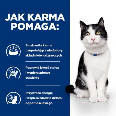 Grafika z trzema zaletami: smaczna karma uzupełnia niedobór składników odżywczych, poprawia jakość stolca i trawienie, przywraca energię oraz wspiera układ odpornościowy.