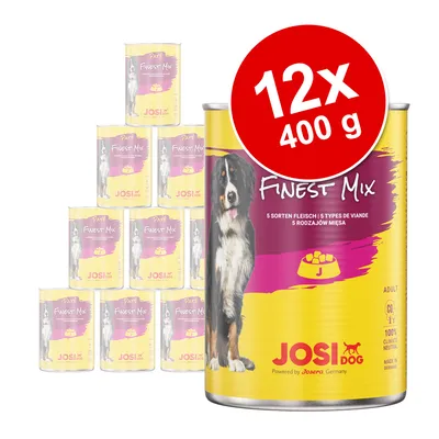 JosiDog Finest Mix natvoer voor volwassen honden, 12 blikken à 400 g. 5 soorten vlees zichtbaar op verpakking. Merk: JosiDog, Powered by Josera Germany. Klimaatneutraal, Made in Germany. JosiDog Finest Mix natvoer voor volwassen honden, 12 blikken à 400 g. 5 soorten vlees zichtbaar op verpakking. Merk: JosiDog, Powered by Josera Germany. Klimaatneutraal, Made in Germany.