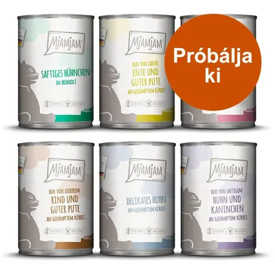 MjAMjAM macskaeledel konzervválogatás, hatféle változat látható. Narancssárga körben: Próbálja ki felirat. MjAMjAM macskaeledel konzervválogatás, hatféle változat látható. Narancssárga körben: Próbálja ki felirat.