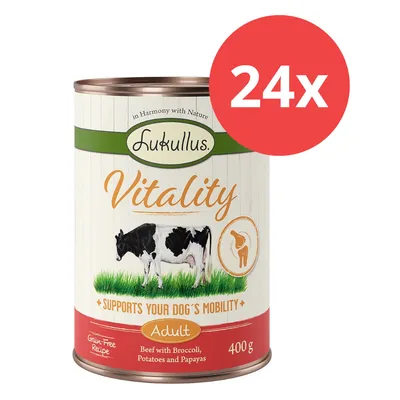 Lukullus Vitality Adult, Supports Your Dog's Mobility, Grain-Free Recipe, Beef mit Broccoli, Potatoes und Papayas, 400g, 24x Lukullus Vitality Adult, Supports Your Dog's Mobility, Grain-Free Recipe, Beef mit Broccoli, Potatoes und Papayas, 400g, 24x