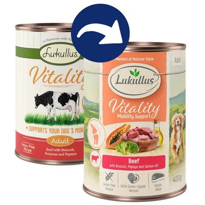 Lukullus Vitality Mobility Support Adult. Rind mit Brokkoli, Papaya und Lachsöl. Getreidefreie Rezeptur, Grünlippmuschel, Single Meat. 400g Dose.