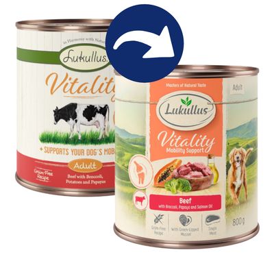 Lukullus Vitality Mobility Support Adult, Rind mit Brokkoli, Papaya und Lachsöl. Getreidefreie Rezeptur, Grünlippmuschel, Single Meat. 800g Dose.