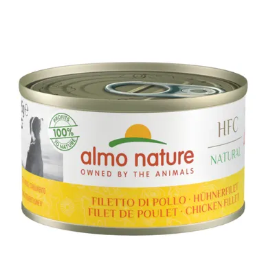 Almo Nature HFC Natural kycklingfilé, 100% Profits to Nature, burk med gul design och varumärkeslogotyp.