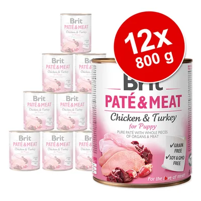 Brit Paté & Meat Chicken & Turkey pentru căței, 12x800g. Paté pur cu bucăți întregi de carne, fără cereale, fără soia și fără organisme modificate genetic.