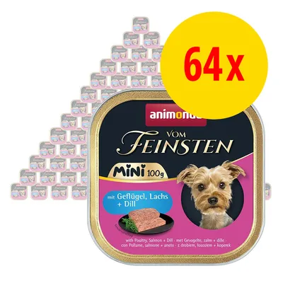 animonda Vom Feinsten Mini 100 g, lot de 64 barquettes, avec volaille, saumon et aneth, photo d’un petit chien sur l’emballage. Texte en allemand visible.