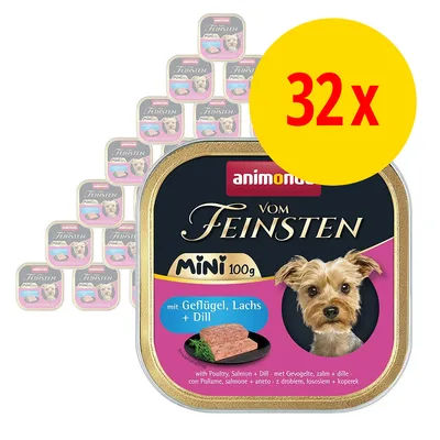Animonda Vom Feinsten Mini 100 g, lot de 32 barquettes. Saveur visible : volaille, saumon et aneth. Photo d’un petit chien sur l’emballage.