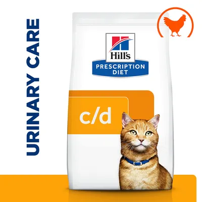 Bag labelled Hill's Prescription Diet c/d with urinary care text and chicken icon, indicating food for urinary health with chicken flavour.