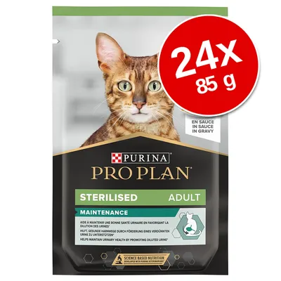Purina Pro Plan Sterilised Adult macskaeledel, 24×85 g, szószban. Maintenance, segíti a húgyutak egészségét. Csomagoláson macskafotó és angol/német/francia leírás látható.