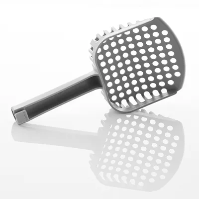 Grey cat litter scoop with holes for easy sifting and cleaning, ergonomic handle with 'modo' print.