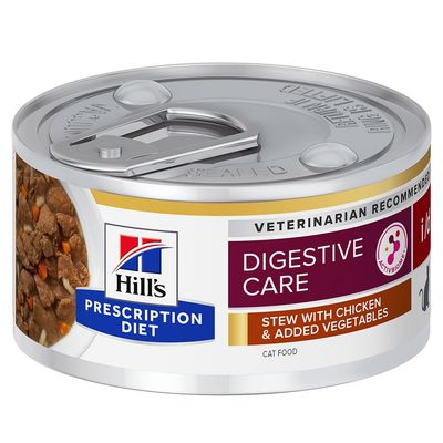 Scatoletta Hill's Prescription Diet Digestive Care, stew con pollo e verdure aggiunte. Testo visibile: VETERINARIAN RECOMMENDED, ACTIVBIOME+, CAT FOOD.