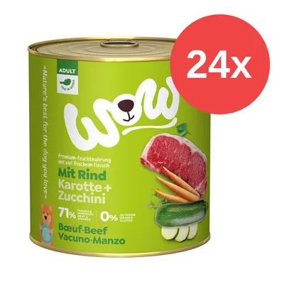 WOW Premium-Feuchtnahrung für Hunde, mit Rind, Karotte und Zucchini. 71% Fleisch & Innereien, 0% Getreide & Gluten. Made in Austria. Packung enthält 24 Dosen. WOW Premium-Feuchtnahrung für Hunde, mit Rind, Karotte und Zucchini. 71% Fleisch & Innereien, 0% Getreide & Gluten. Made in Austria. Packung enthält 24 Dosen.