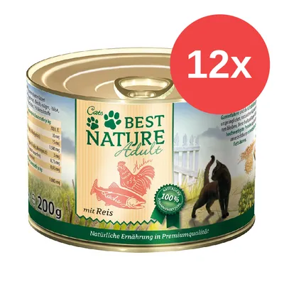 Best Nature Adult aliment pour chats avec poulet et riz, qualité premium naturelle, 12x 200g boîtes. Composition 100% naturelle.