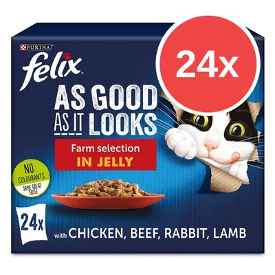 Purina felix AS GOOD AS IT LOOKS Farm selection IN JELLY, 24x s kuřecím, hovězím, králíkem a jehněčím. NO COLOURANTS. Balení kapsiček pro kočky.
