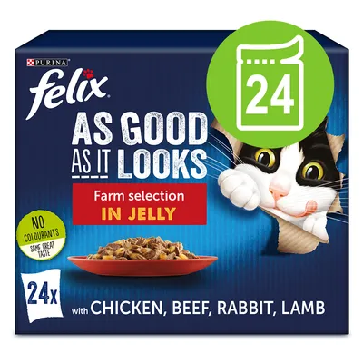 Purina felix AS GOOD AS IT LOOKS Farm selection IN JELLY, 24× s kuřecím, hovězím, králíkem a jehněčím. NO COLOURANTS. Obrázek kočky a misky s krmivem.