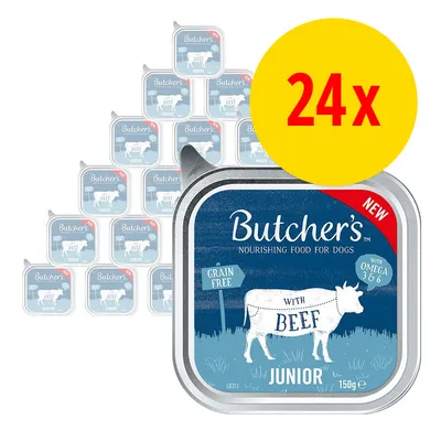 Lot de 24 barquettes Butcher’s Junior with Beef, 150 g, sans céréales, avec oméga 3 & 6. Nourishing food for dogs. Texte en anglais sur l’emballage.