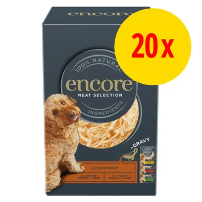 Boîte de nourriture pour chien encore Meat Selection, 100 % natural ingredients, lot de 20. Variétés visibles : blanc de poulet, blanc de poulet avec bœuf, blanc de poulet avec agneau.