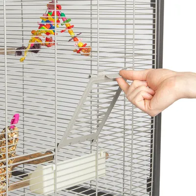 Mano abre una pequeña puerta de una jaula para pájaros con juguetes y soporte para comida en el interior.