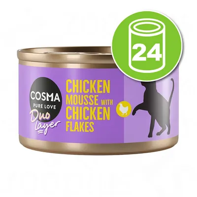 Cosma Pure Love Duo Layer, Chicken mousse with chicken flakes, boîte pour chat, lot de 24 visible sur l’image.