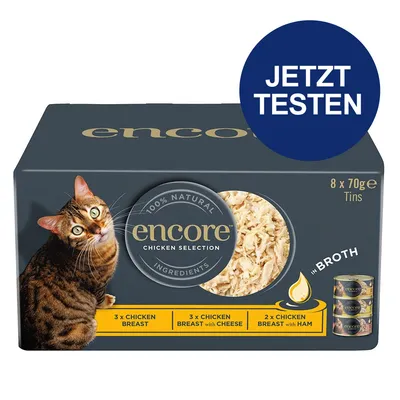 Encore Chicken Selection, 8x70g Dosen: 3x Hähnchenbrust, 3x Hähnchenbrust mit Käse, 2x Hähnchenbrust mit Schinken. 100% natürliche Zutaten. Jetzt testen. Encore Chicken Selection, 8x70g Dosen: 3x Hähnchenbrust, 3x Hähnchenbrust mit Käse, 2x Hähnchenbrust mit Schinken. 100% natürliche Zutaten. Jetzt testen.