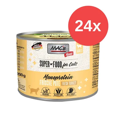 MAC's Mono Superfood für Katzen, Monoprotein Frische Pute, Made in Germany, 200g Dose, 24x Packung, getreidefrei, allergikerfreundlich, 94% Pute.