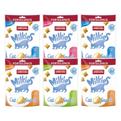 Animonda Milkies kattgodis förpackning, olika sorter: Fresh med tandvård, Wellness med biotin och vitaminer, Harmony mot hårbollar, Balance med omega-3. Spannmålsfri.