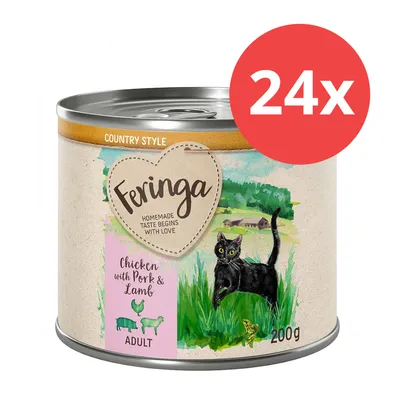 Feringa Country Style, Chicken with Pork & Lamb, Adult, 200g. Packung mit 24 Dosen. Illustration einer schwarzen Katze auf grünem Feld.