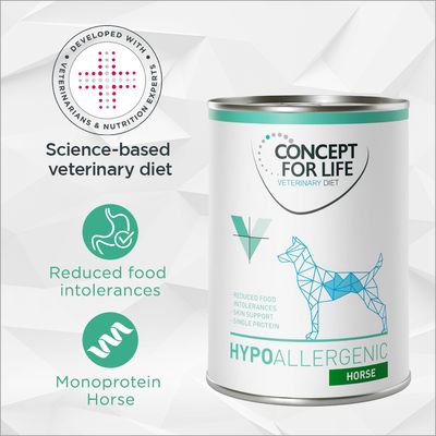 CONCEPT FOR LIFE VETERINARY DIET Hypoallergenic Horse, alimento umido per cani. Testo visibile: Science-based veterinary diet, Reduced food intolerances, Monoprotein Horse.