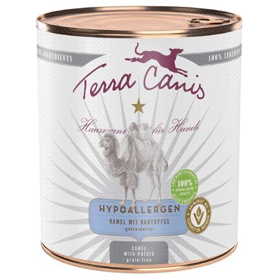 Terra Canis Hausmannskost für Hunde HYPOALLERGEN Kamel mit Kartoffel, getreidefrei, 100 % human-grade quality, CAMEL WITH POTATO grain-free. Rund dåse med kamelillustration.