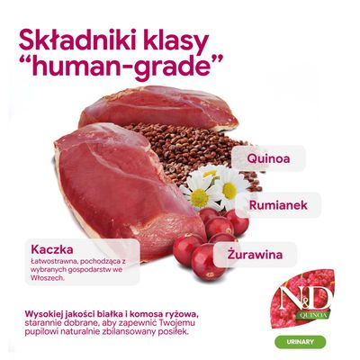 Składniki: kaczka, komosa ryżowa, rumianek, żurawina. Wysokiej jakości białko i komosa ryżowa dla naturalnie zbilansowanego posiłku. N&D Quinoa Urinary.