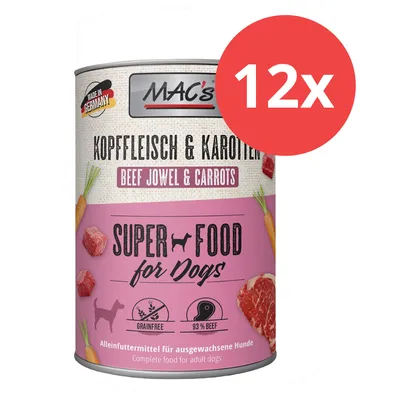 MAC's Super Food for Dogs, Kopf Fleisch & Karotten, Made in Germany, Alleinfuttermittel für Hunde, 93% Rind, getreidefrei. Packung mit 12 Dosen.